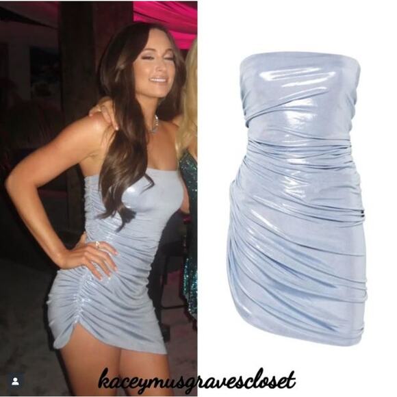 Norma Kamali | Strapless Diana Pickleball Dress in Misty Blue Metallic Mini S - Picture 3 of 16